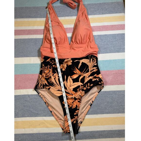 NWOT Tropical Coral + Black Floral One-Piece Swimsuit (Size S) - Picture 3 of 7